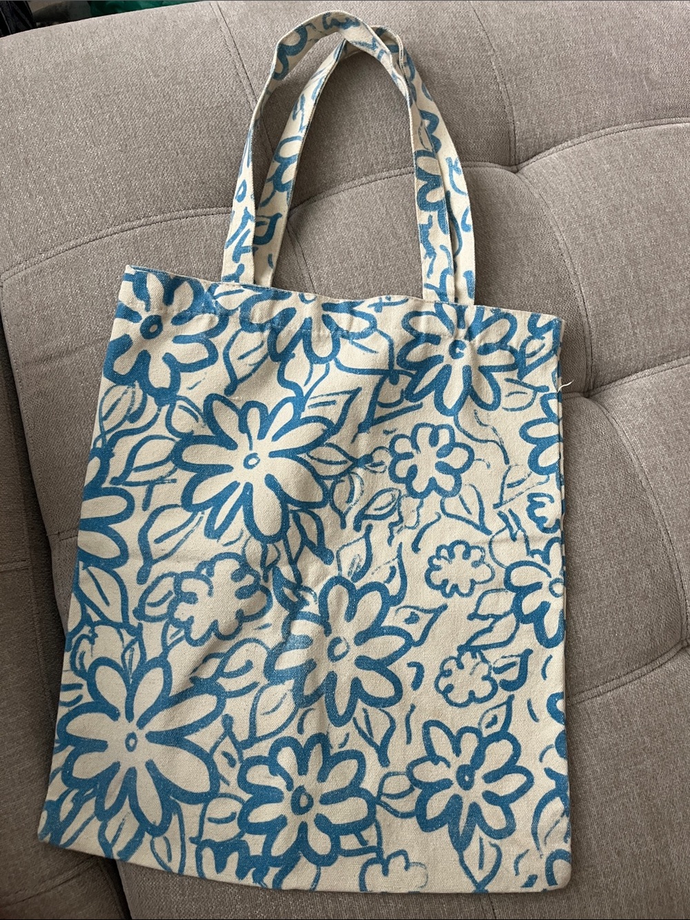 Canvas Floral Tote Bag in Blue and Cream